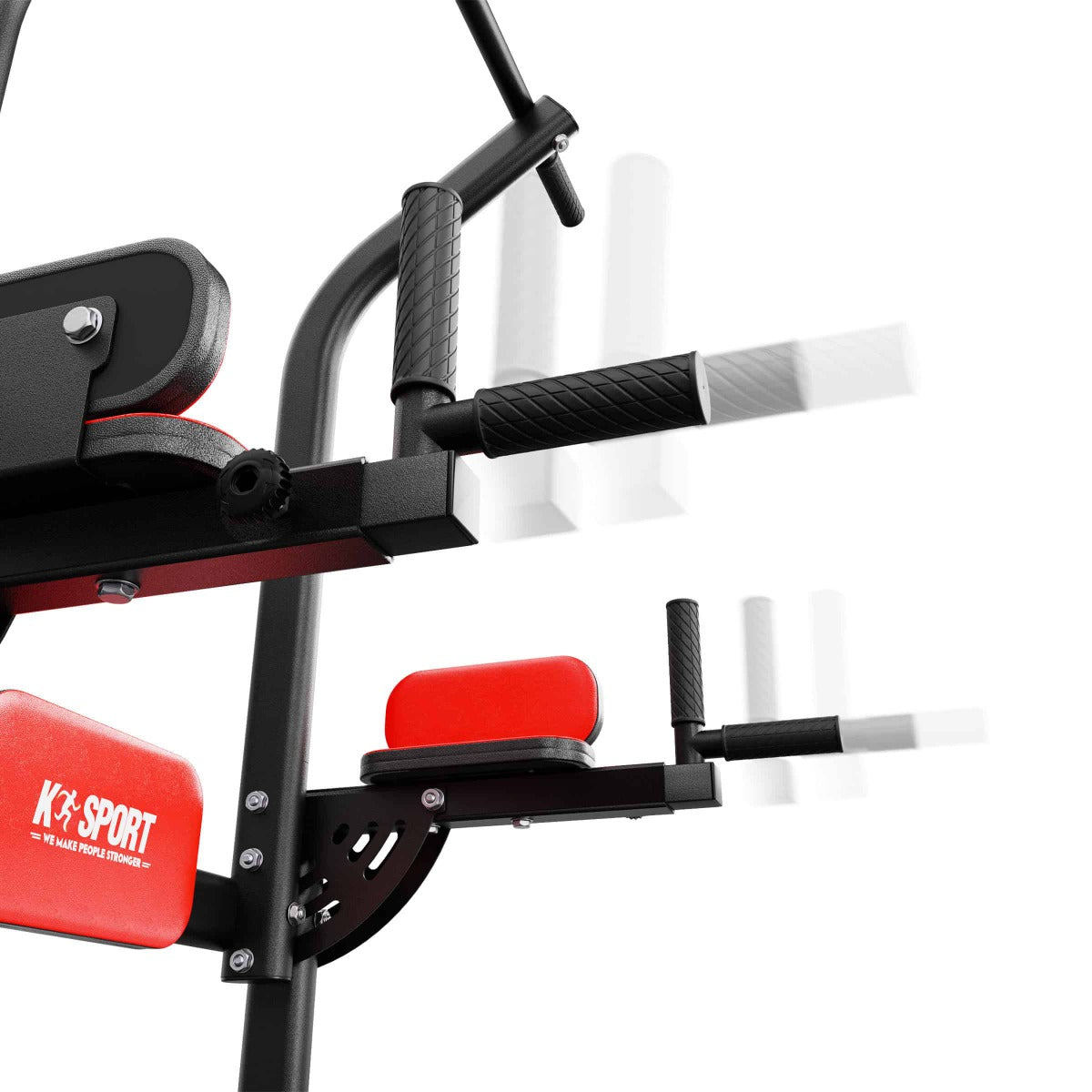 Close-up illustrating the extendable handle adjustment mechanism on the Multi-Function Dip & Pull Up Station dip arms