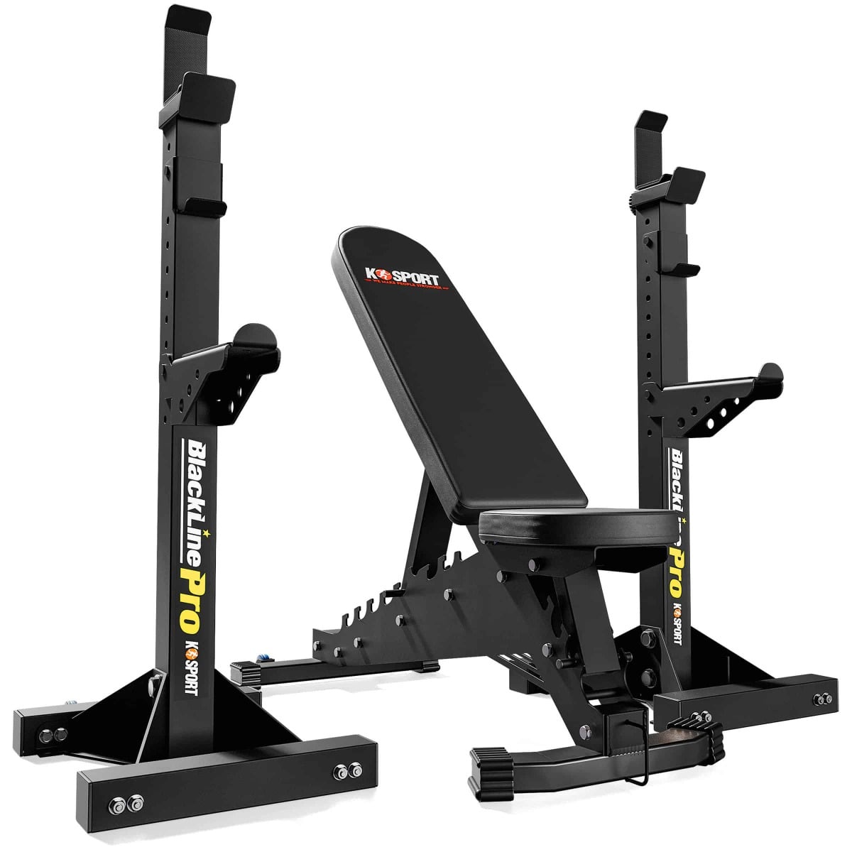 Multi-function weight bench with two Black Line Pro barbell rack stands