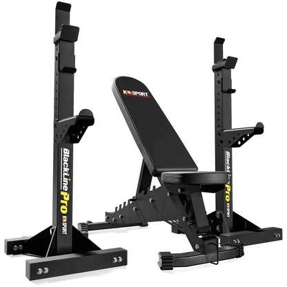 Multi-function weight bench with two Black Line Pro barbell rack stands