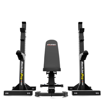Front view of adjustable weight bench between two barbell rack stands