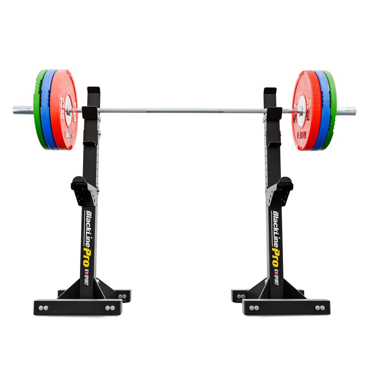 Barbell rack stands holding a loaded Olympic barbell