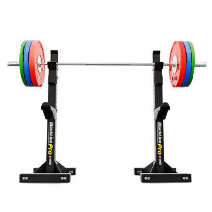 Barbell rack stands holding a loaded Olympic barbell