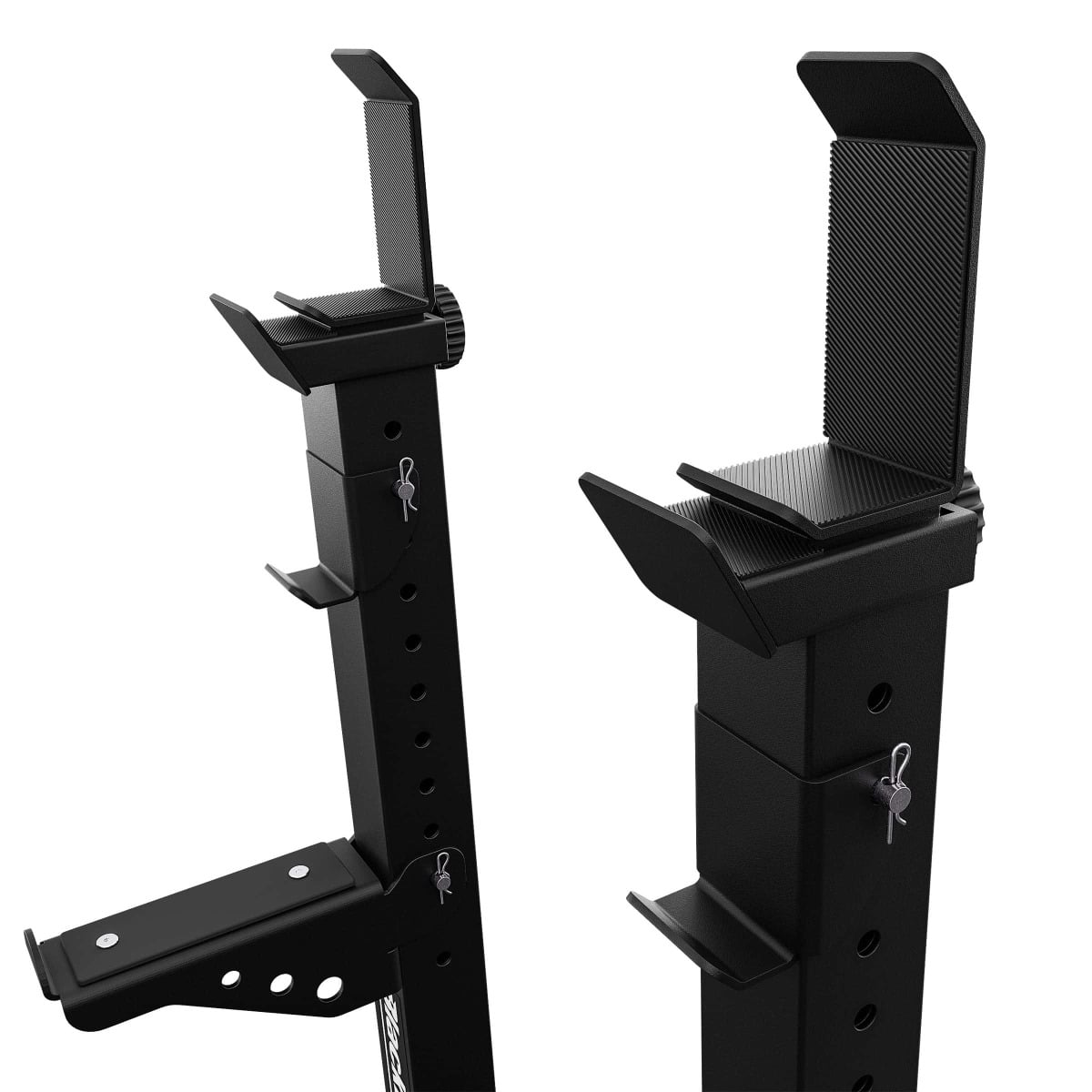 Close-up of barbell hooks and rubber-protected safety arms