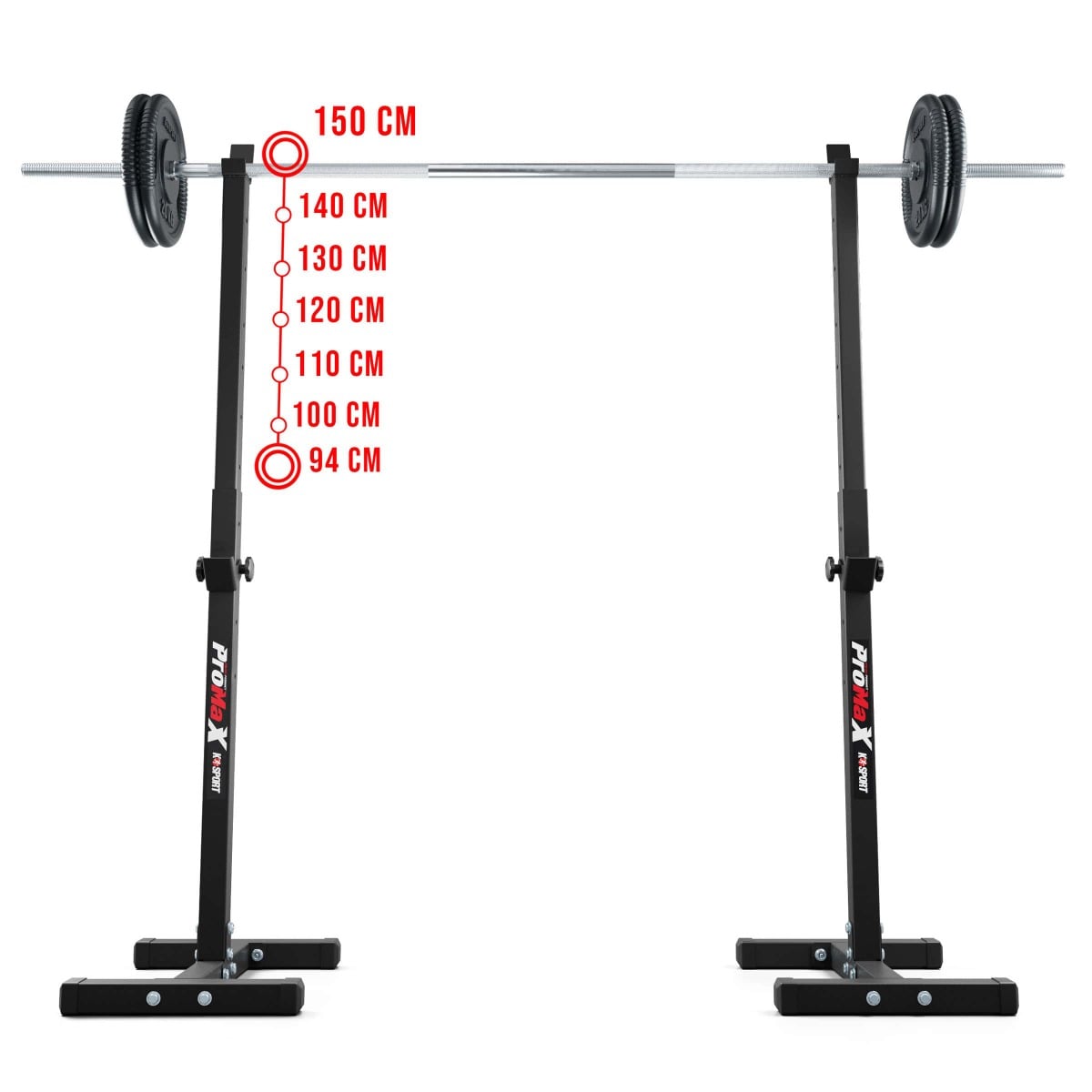 Olympic barbell stand showing adjustable height levels from 94 to 150 cm