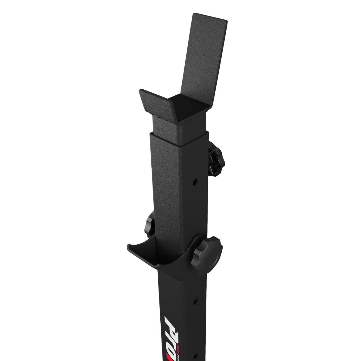 Close-up of adjustable Olympic barbell stand with secure barbell support