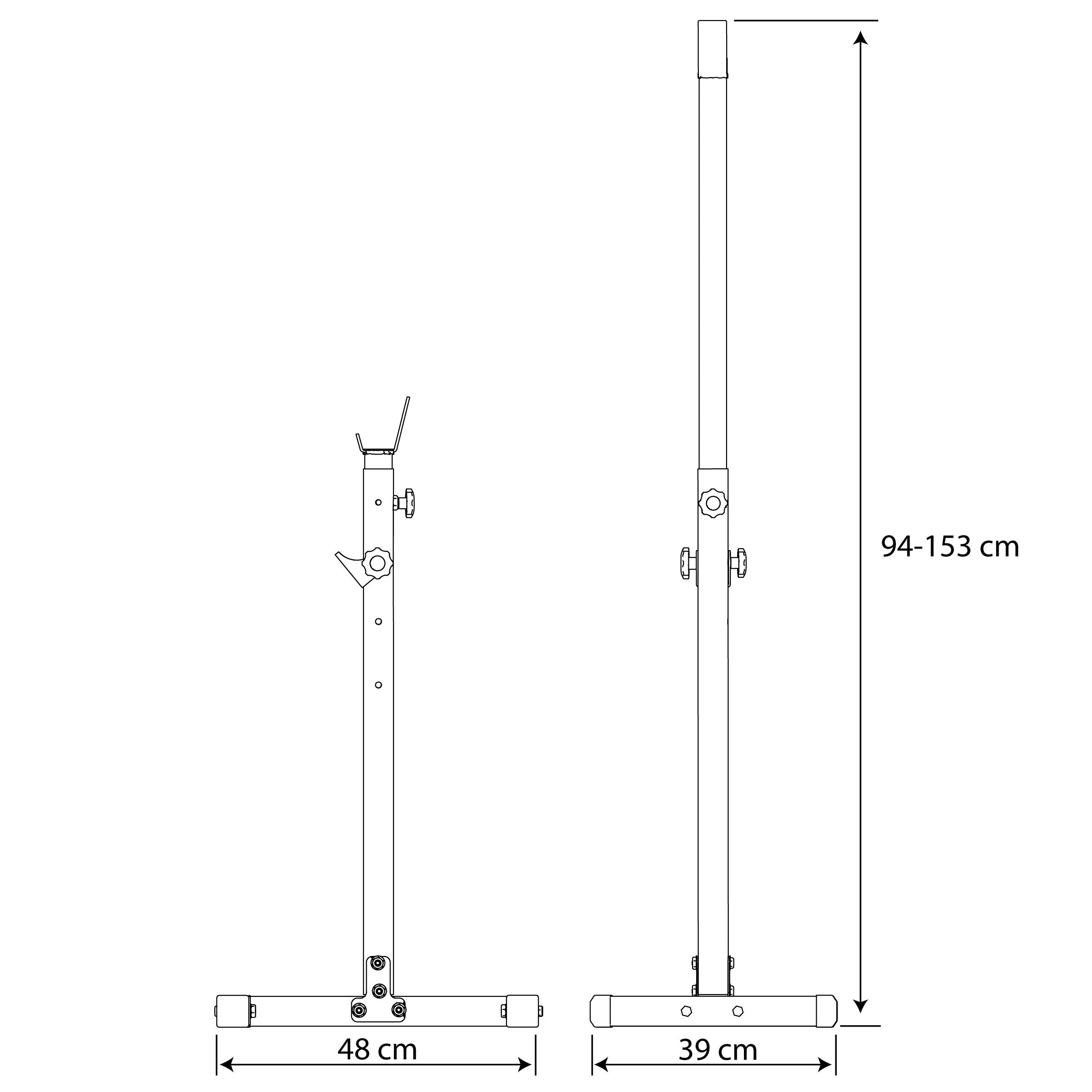 Technical dimensions of Olympic barbell stand with 94 to 153 cm height range