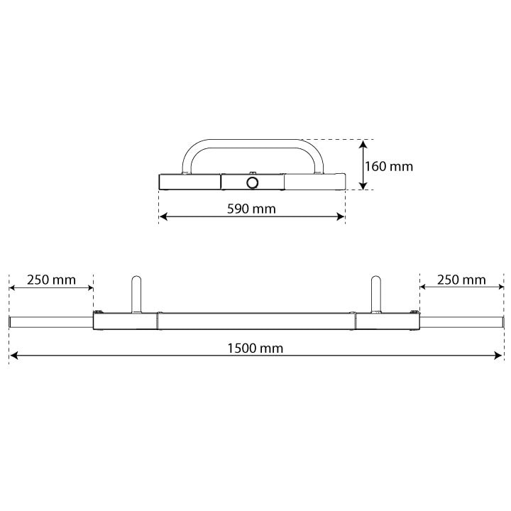 K-Sport Olympic trap bar dimensions with 1500 mm length, 590 mm width and 250 mm loading sleeves