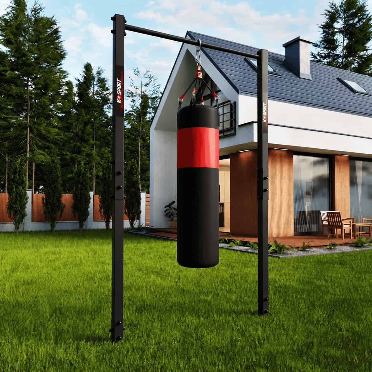 Outdoor pull up bar in garden with modern house background