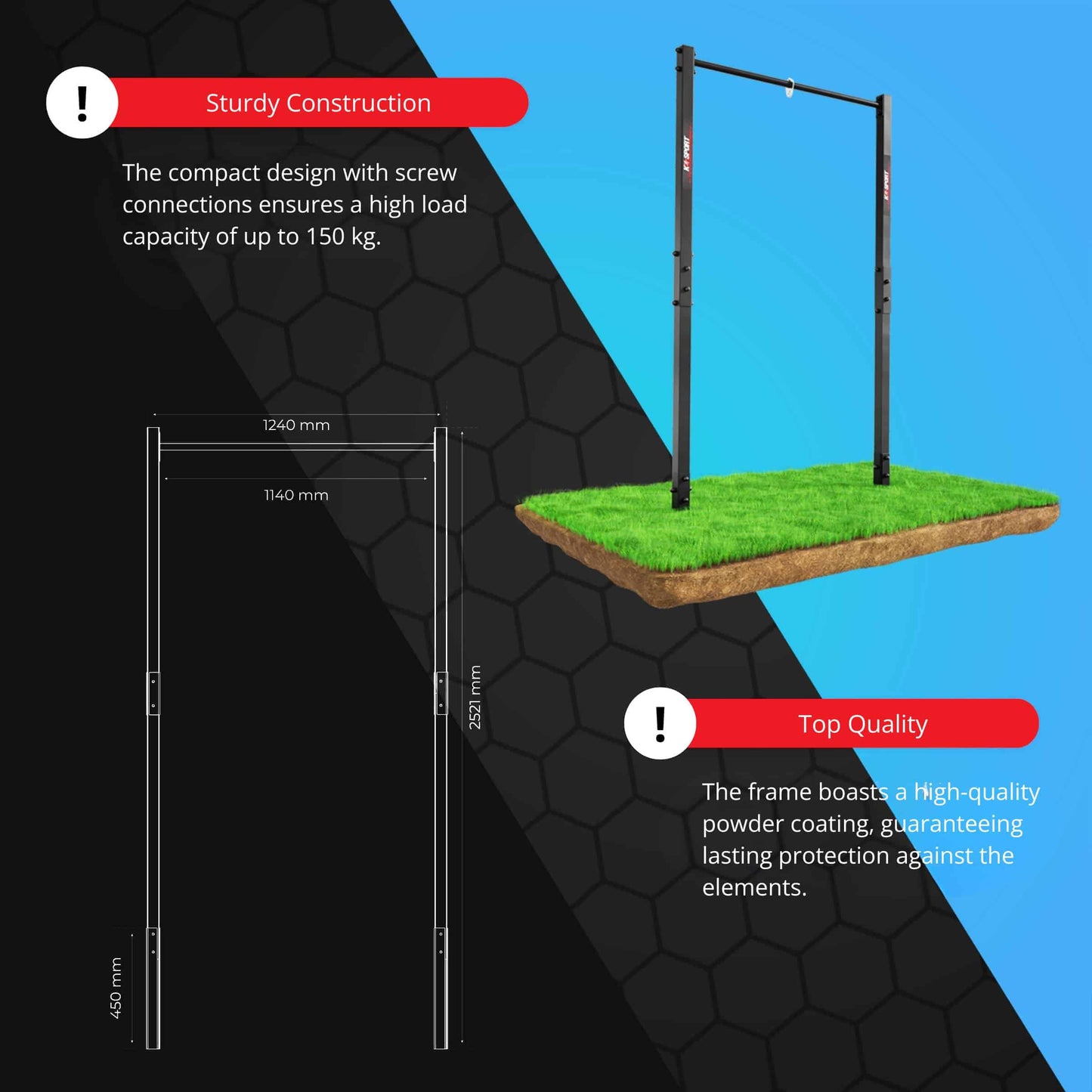 Heavy-duty outdoor pull-up bar with dimensions and 150 kg load capacity for strength training
