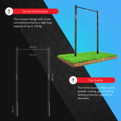 Heavy-duty outdoor pull-up bar with dimensions and 150 kg load capacity for strength training