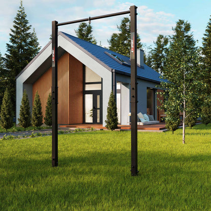 Freestanding outdoor pull-up bar in modern backyard for bodyweight exercises and calisthenics