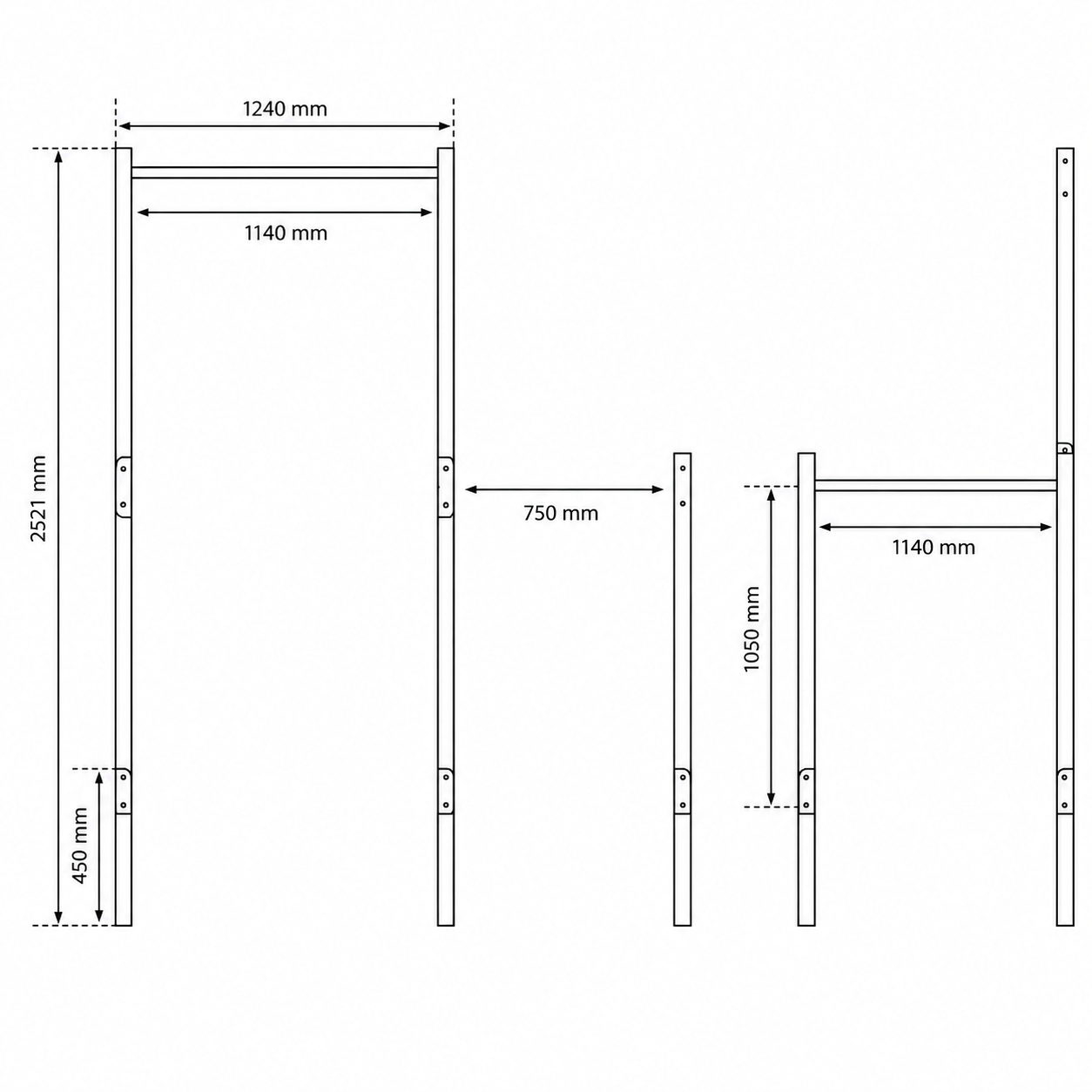 Technical dimensions of outdoor pull up bar dip station with concrete-in installation depth