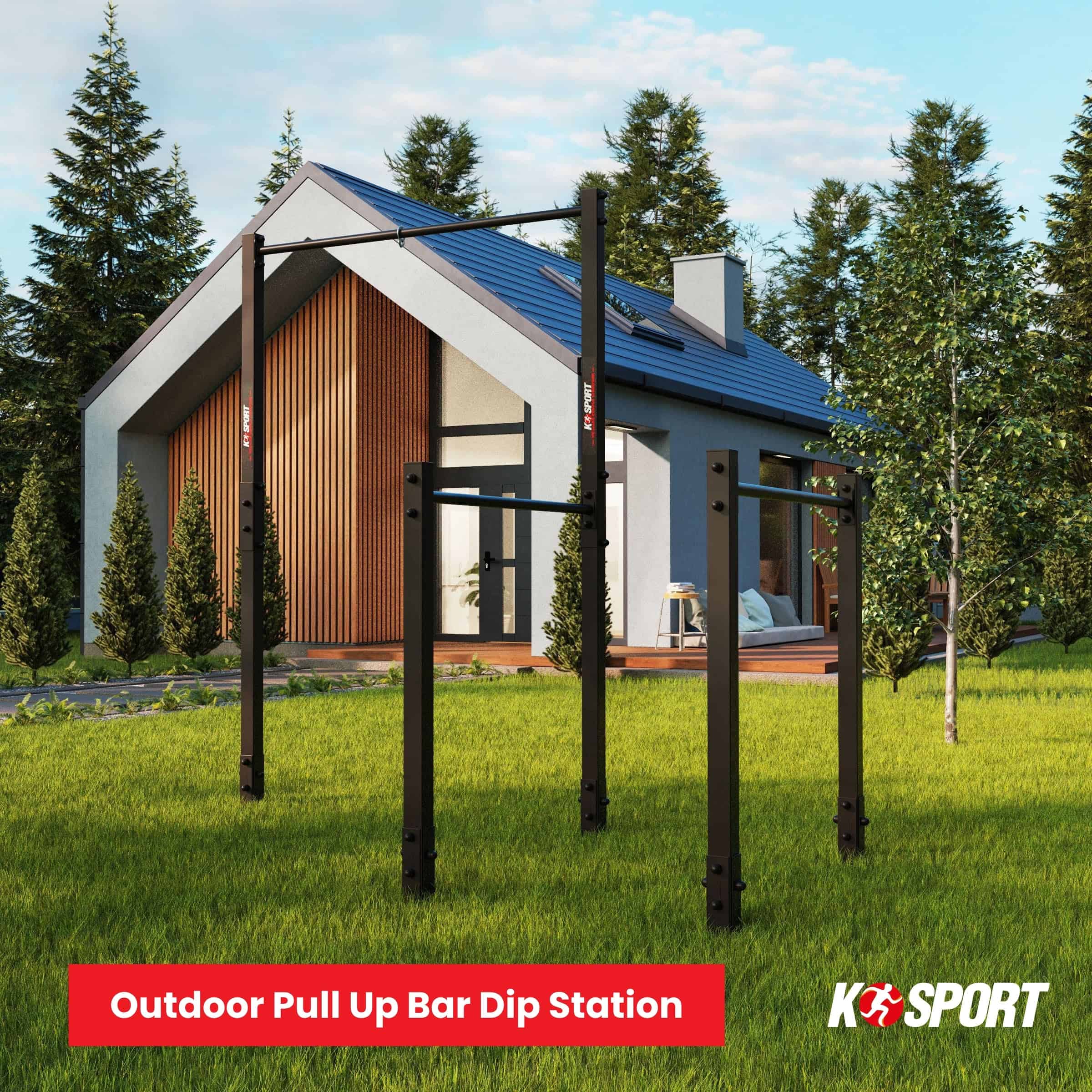 Outdoor pull up bar dip station installed in a garden for calisthenics training