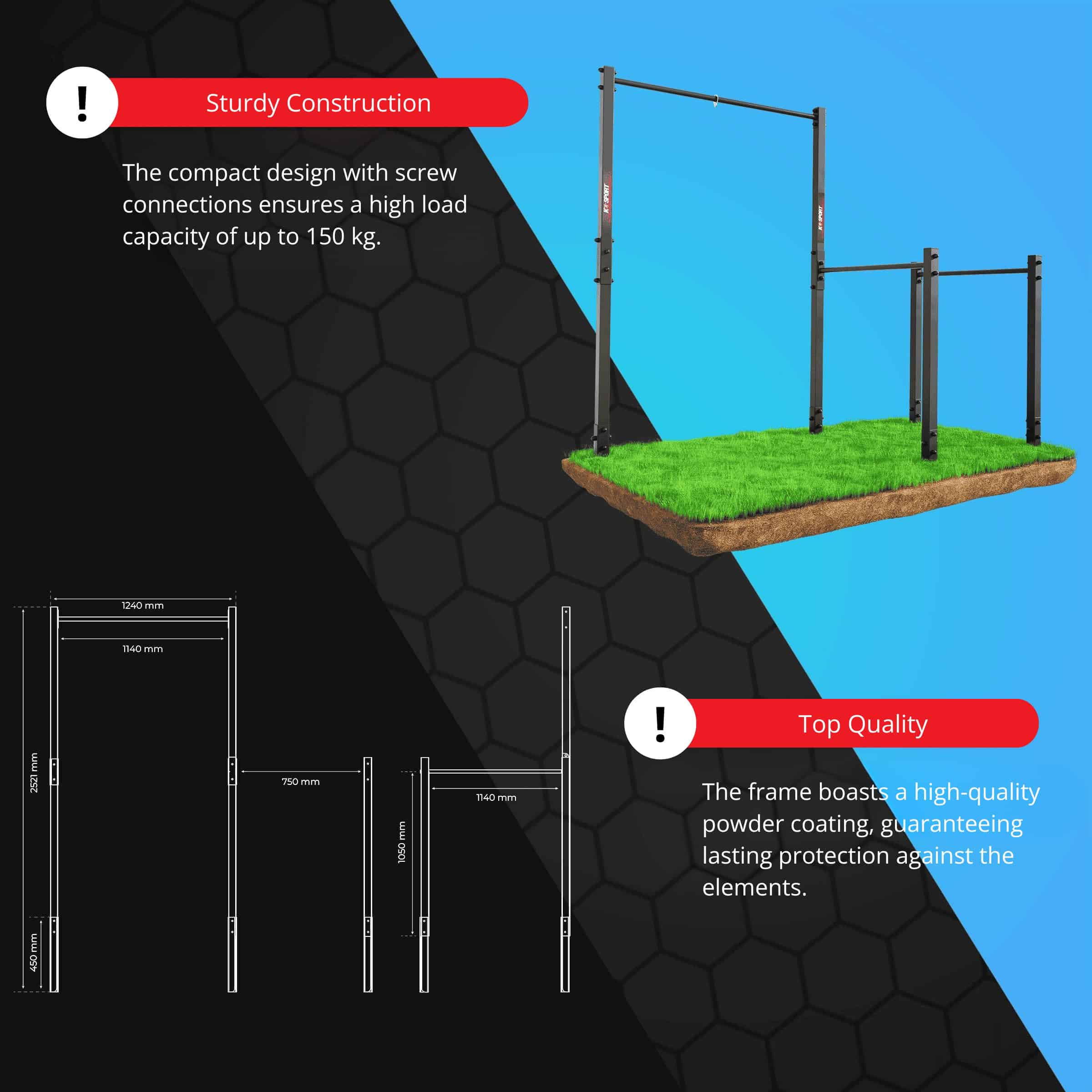 Weather-resistant outdoor pull up bar dip station with UV protection icons
