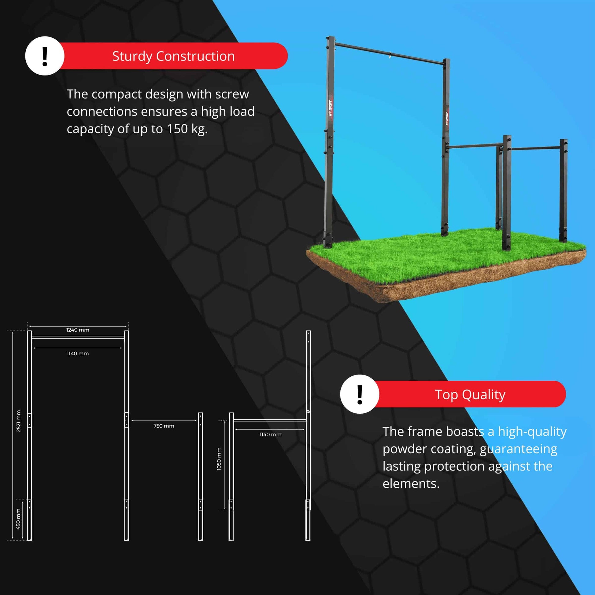 Heavy-duty outdoor pull-up and dip station with dimensions and 150 kg load capacity for strength training