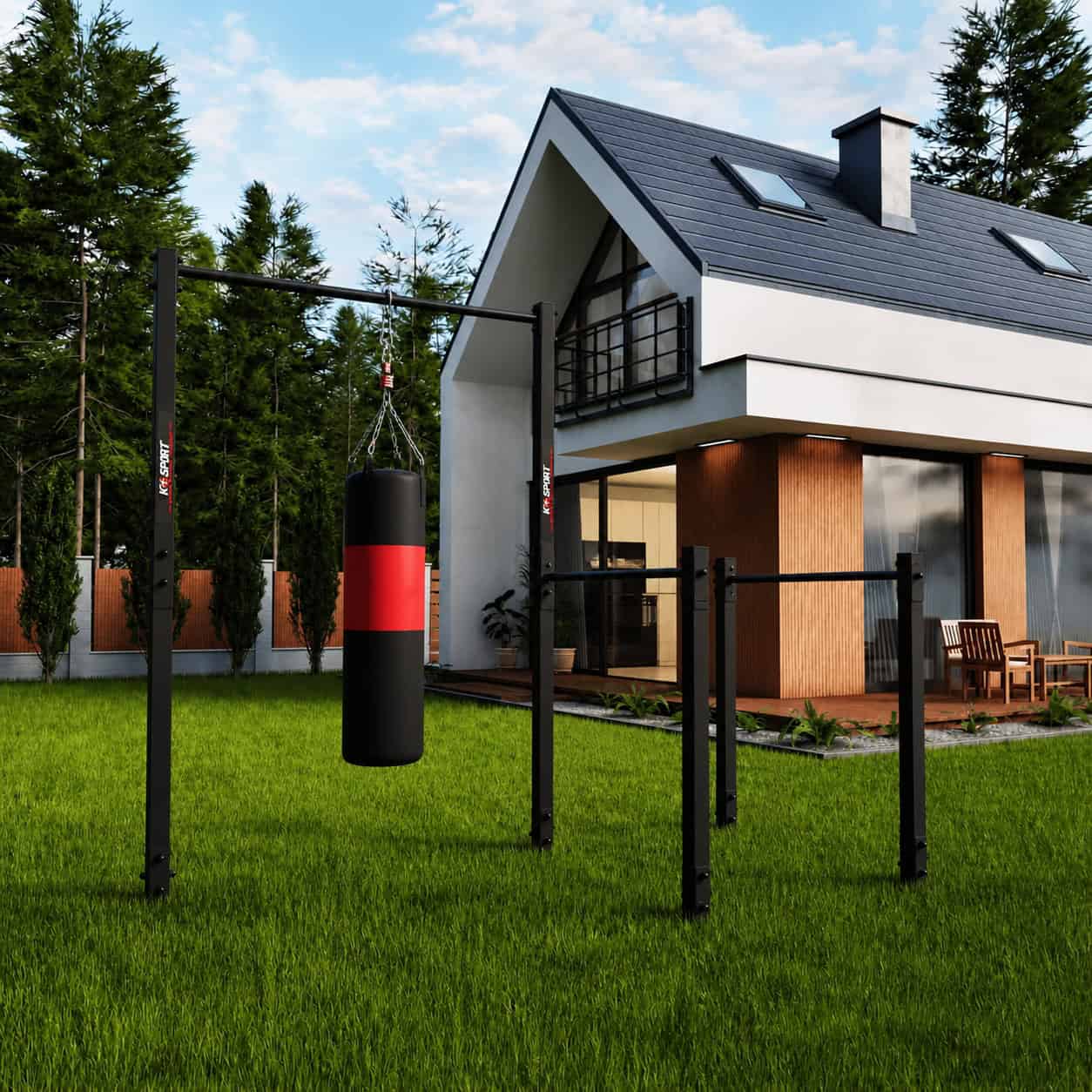 Outdoor pull-up and dip station with hanging punching bag for boxing and functional fitness training