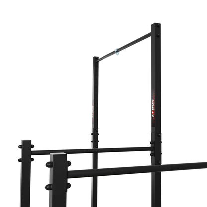 Close-up of outdoor pull-up and dip station showing steel bars and reinforced frame construction