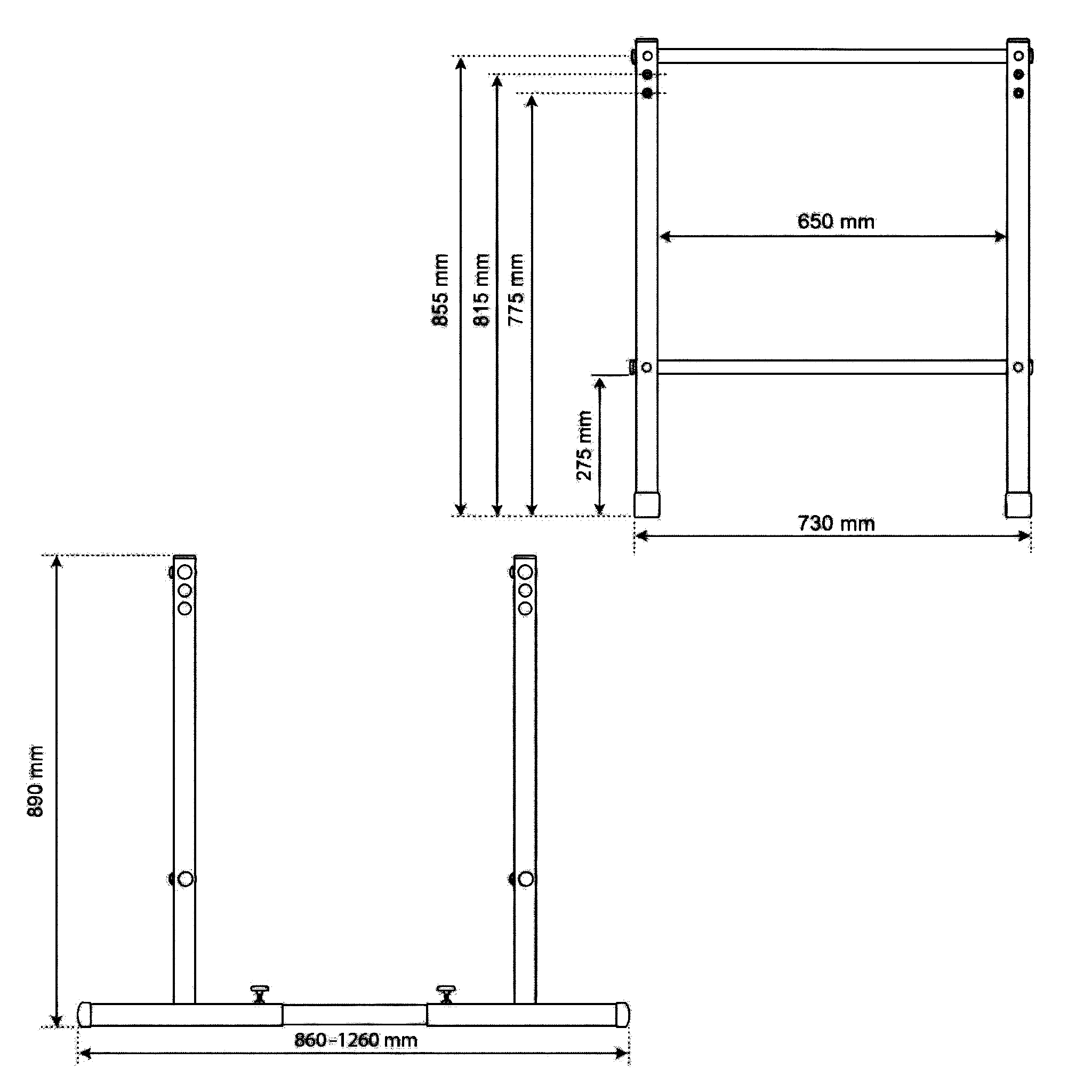 Technical dimensions of Parallel Dip Bars with adjustable width and height