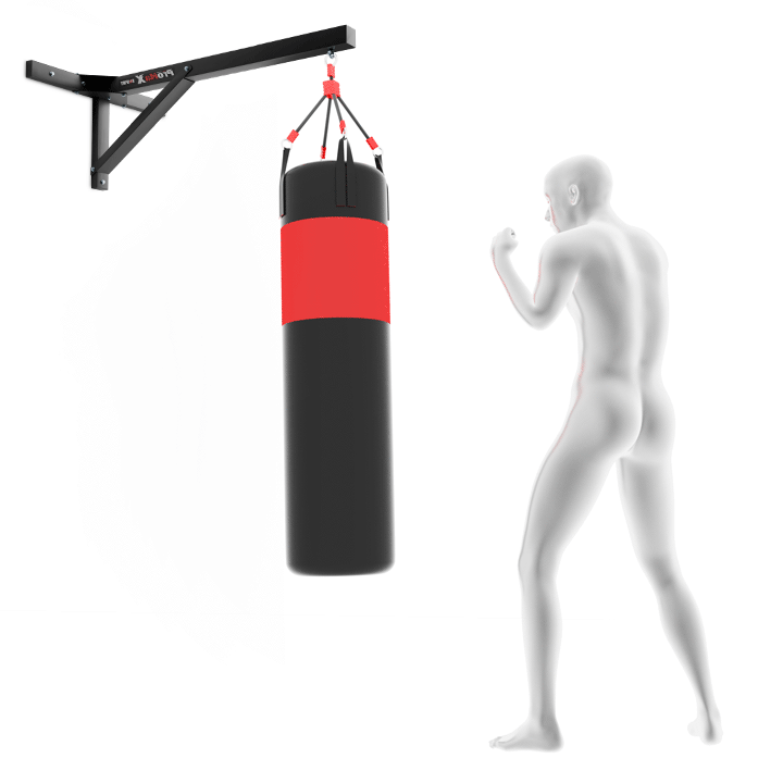 Punchbag wall bracket shown in use during boxing training