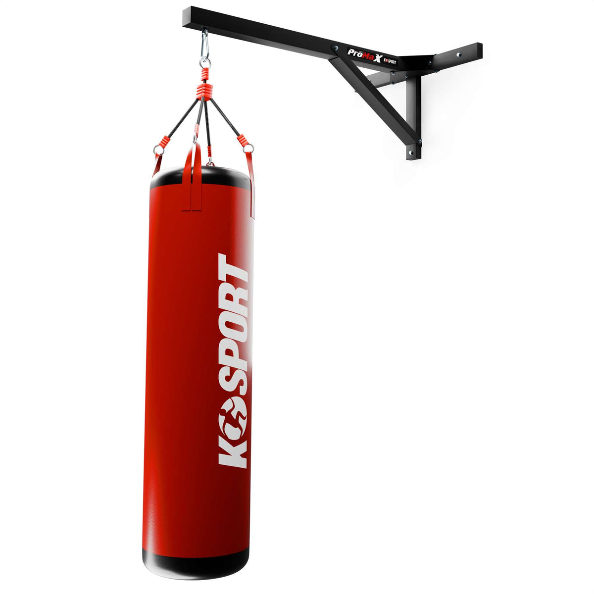 Punchbag wall bracket with red and black punchbag suspended from wall mount