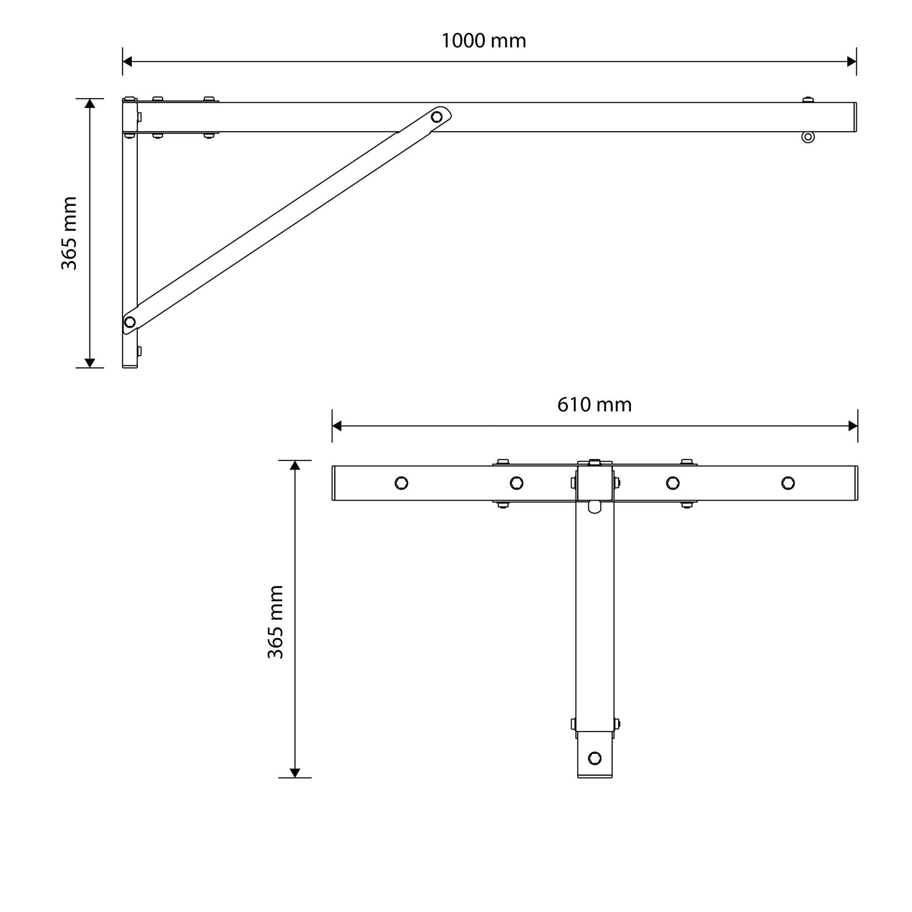 Technical dimensions of Punchbag Wall Bracket showing 1000 mm length, 610 mm width and 365 mm height