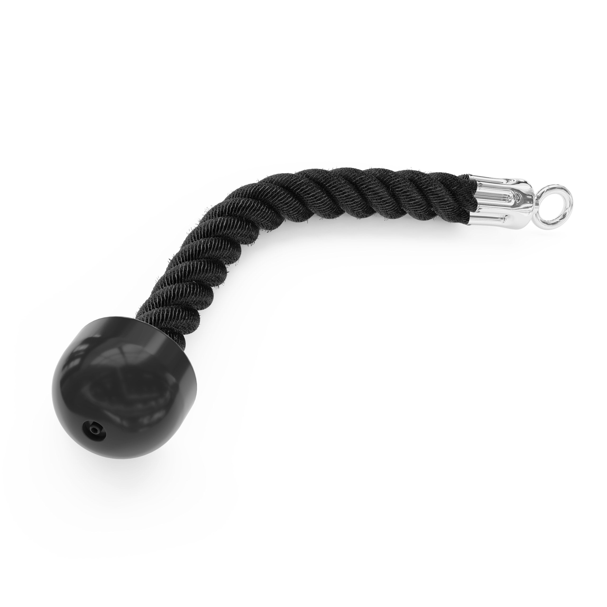 Close-up of black braided single tricep rope with rubber grip stop and metal attachment eye