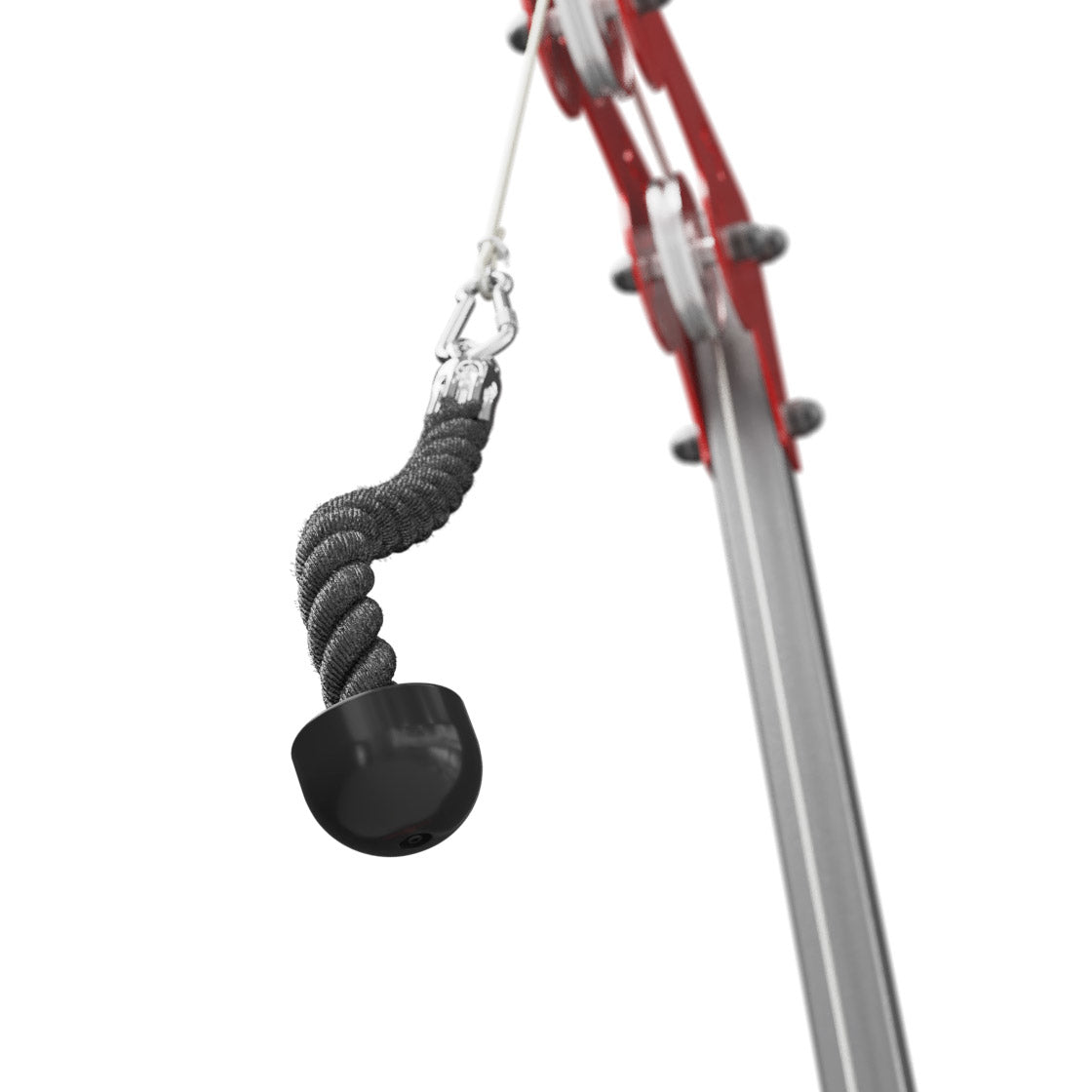 Single tricep rope connected to cable machine demonstrating flexible rope movement