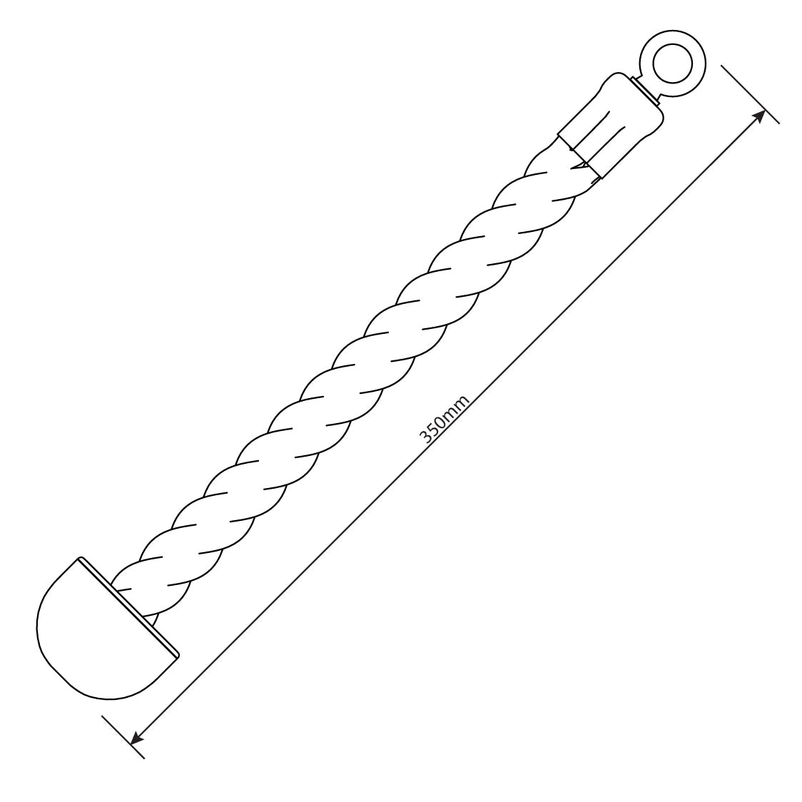 Technical dimensions of Single Tricep Rope Cable Attachment showing 350 mm overall length