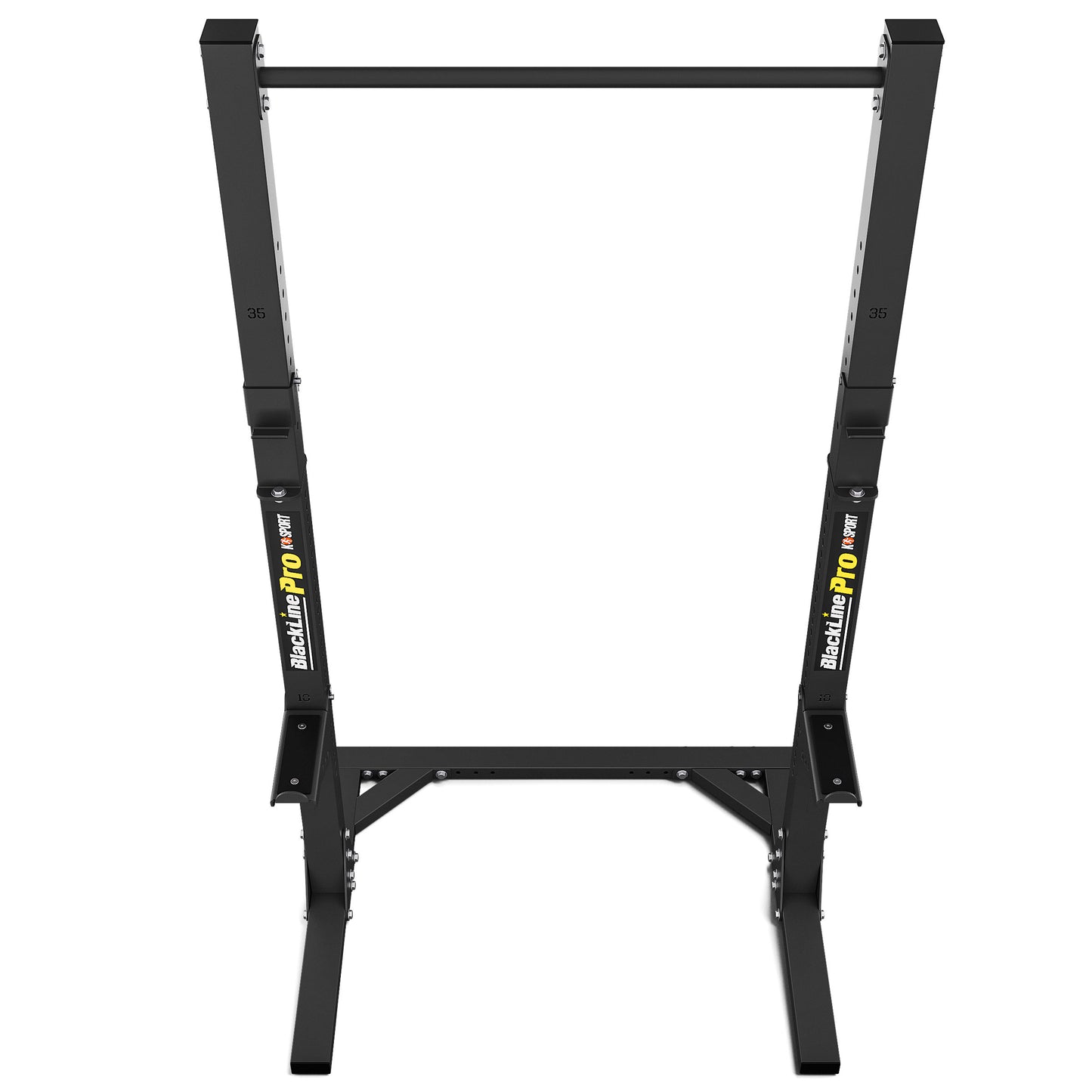 Front view of freestanding squat rack with integrated pull-up bar and adjustable barbell supports