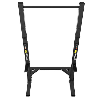 Front view of freestanding squat rack with integrated pull-up bar and adjustable barbell supports