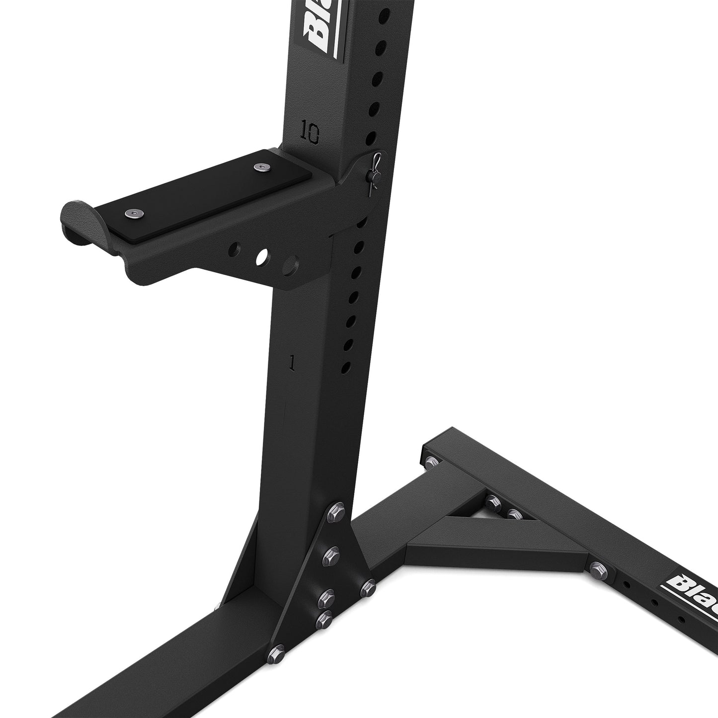 Adjustable barbell holder system on professional squat rack for safe strength training exercises