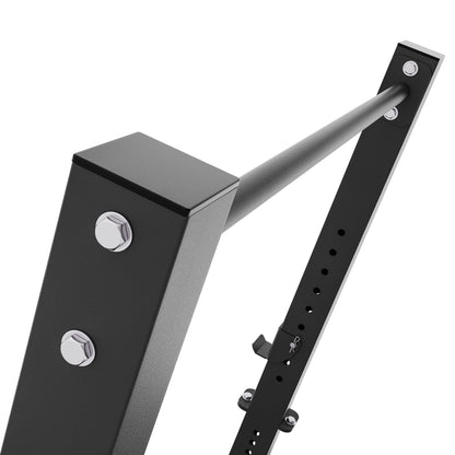 Reinforced pull-up bar connection and adjustable height mechanism on steel squat rack