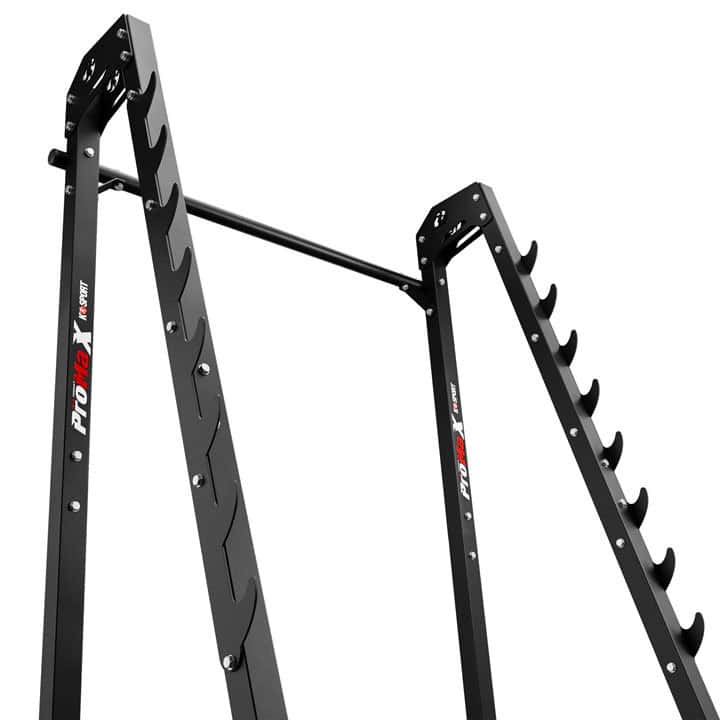 Close-up of multilevel hook rail on Squat Rack and Bench Press station
