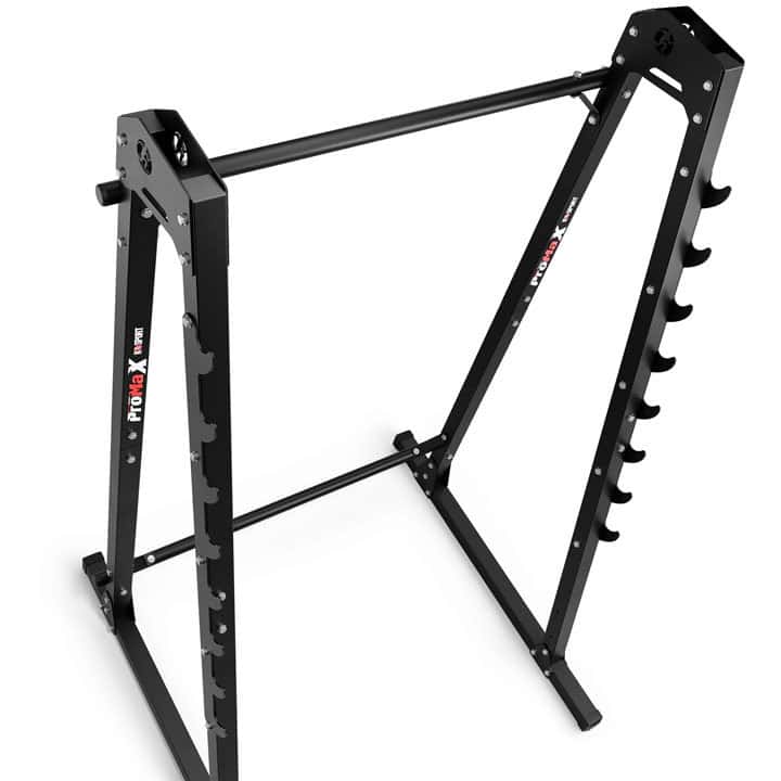 Side view of Squat Rack and Bench Press with multiple safety hook levels