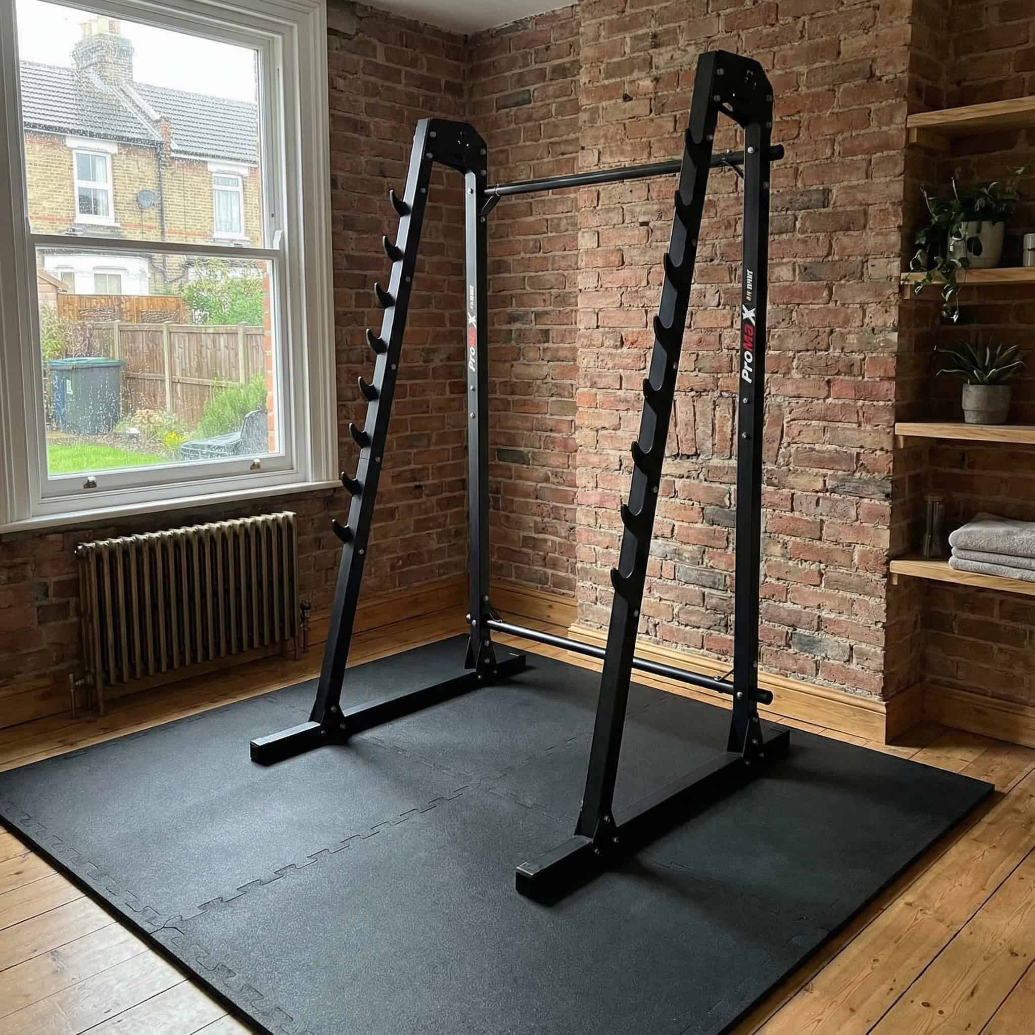 Squat Rack and Bench Press in home gym room on protective floor mats