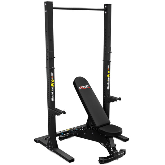 Black weight bench and rack with 'Ksport' branding on a white background