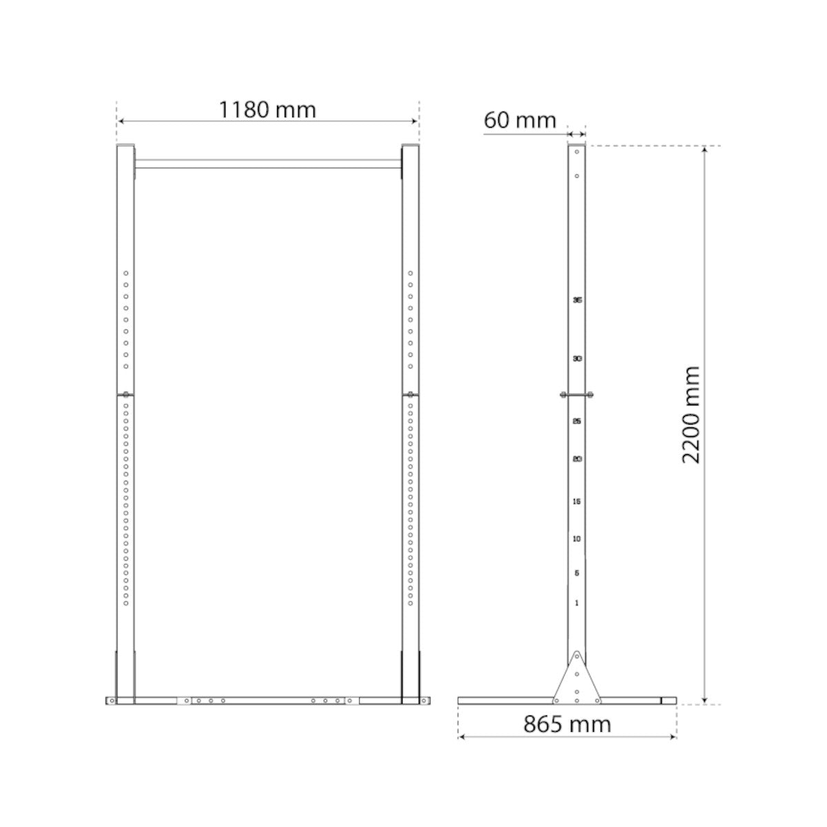 Technical dimensions of heavy-duty squat rack