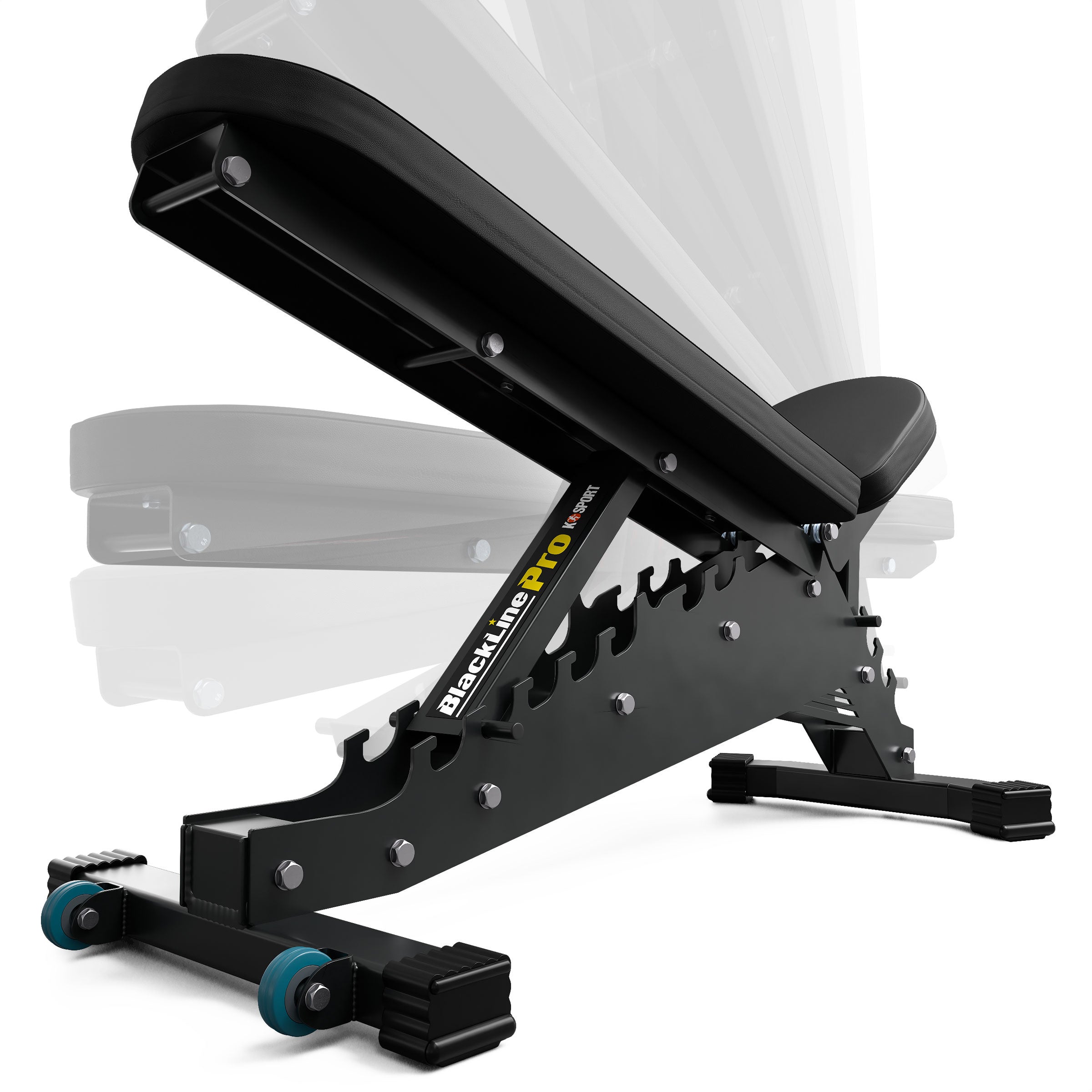 Adjustable weight bench with reinforced steel frame and transport wheels