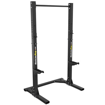 Black Line Pro squat rack with adjustable J-hooks and stable freestanding steel base