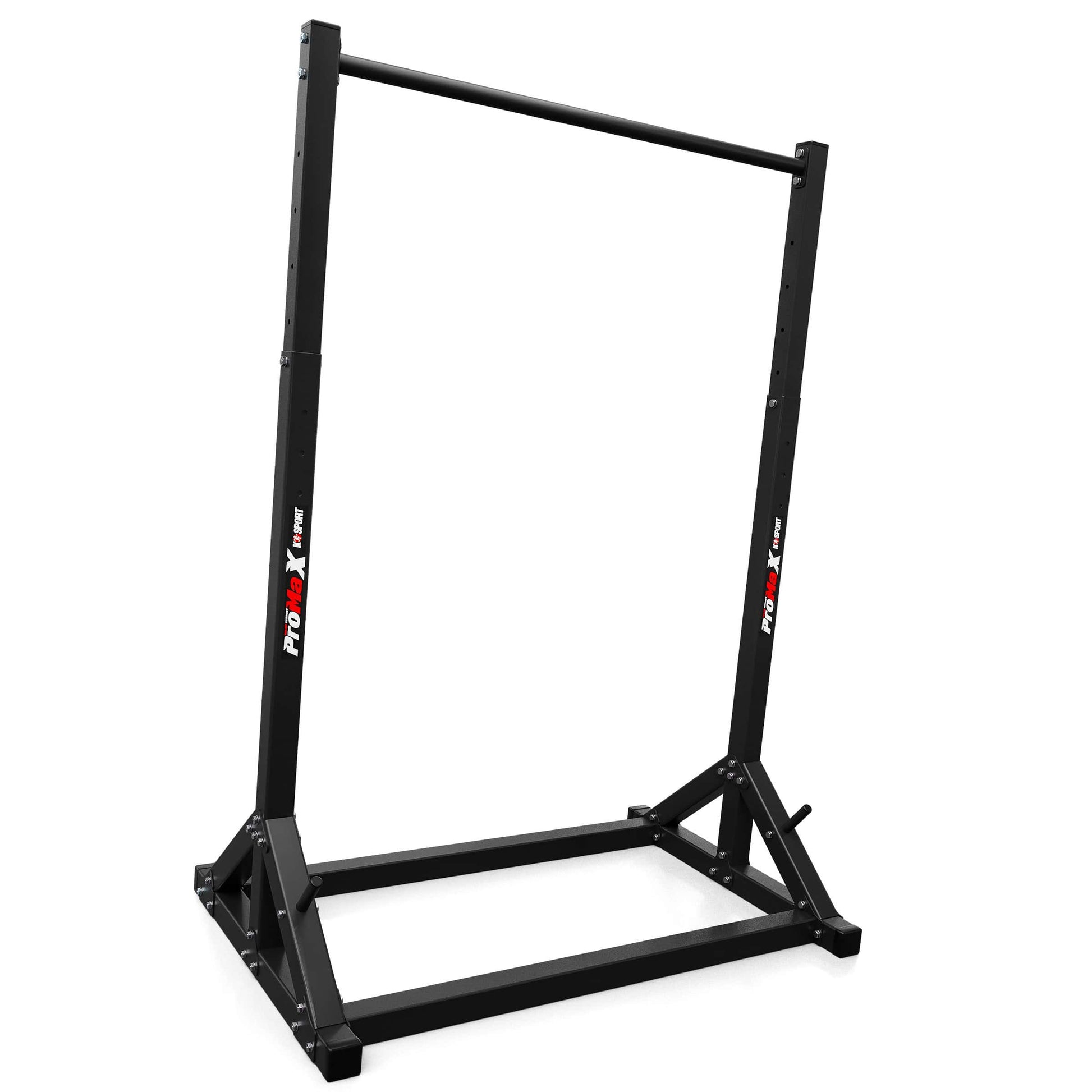 Freestanding pull-up bar with heavy-duty steel frame and wide base, black portable strength training station