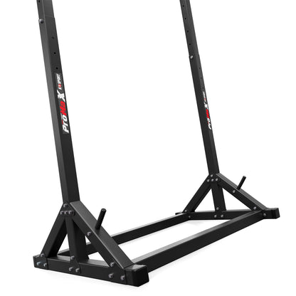 Angled view of portable pull-up bar showing reinforced base and stability supports