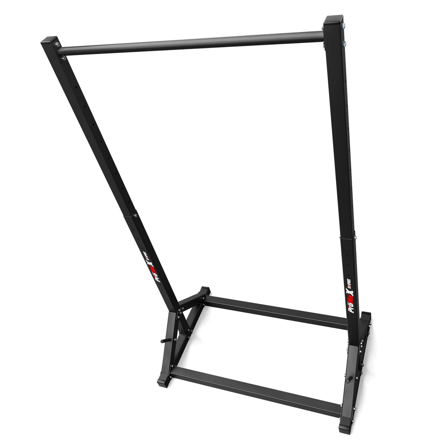 Side perspective of freestanding pull-up bar with adjustable uprights and steel construction