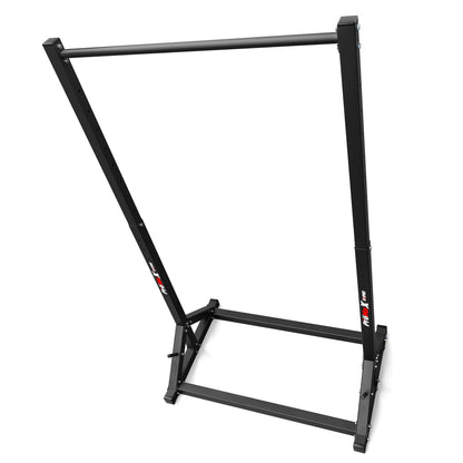 Side perspective of freestanding pull-up bar with adjustable uprights and steel construction