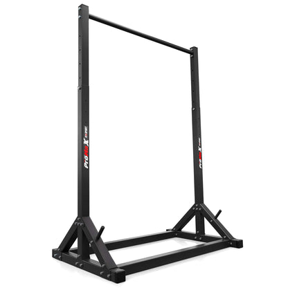 Portable pull-up bar station with wide rectangular base and single straight pull-up handle