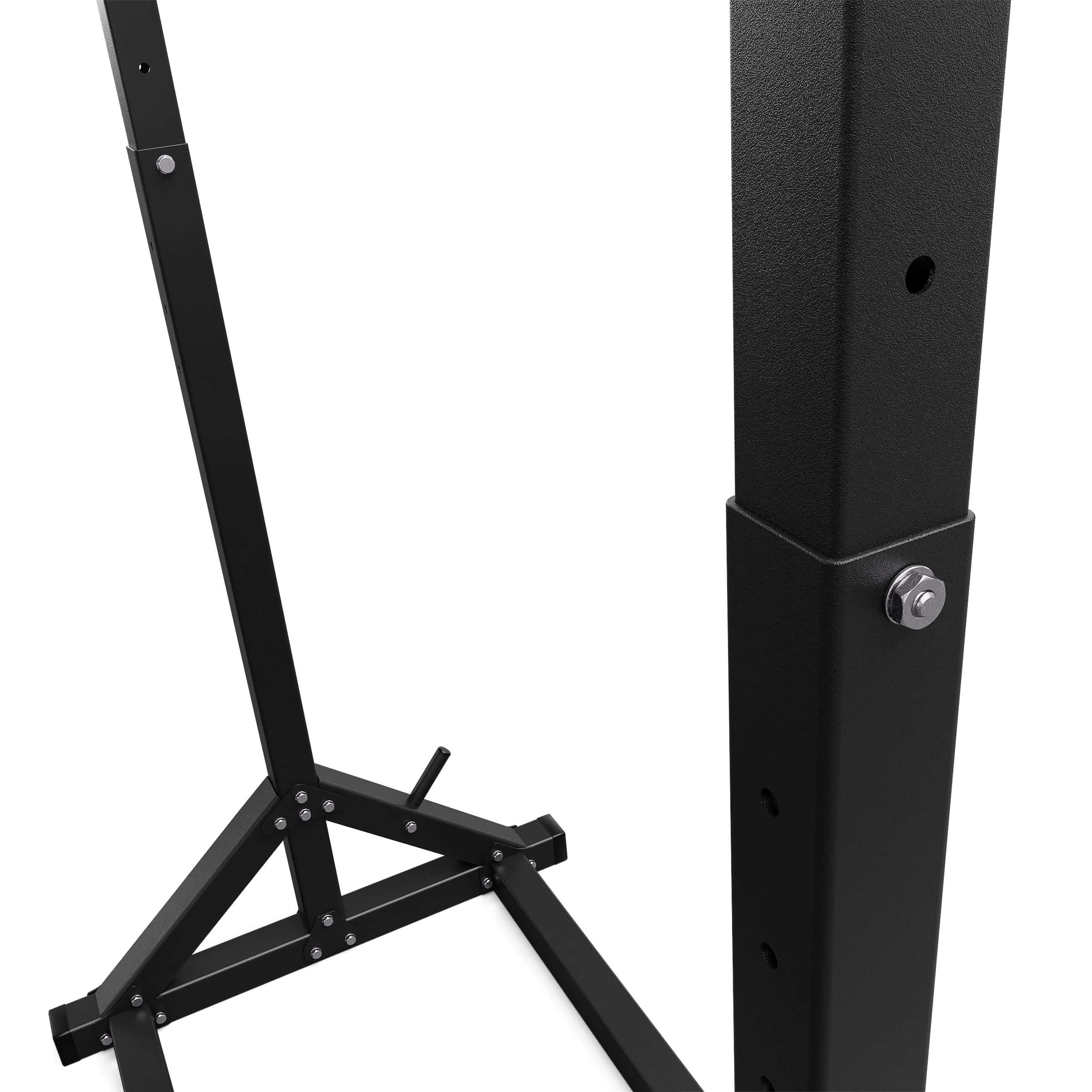 Close-up of reinforced steel base on freestanding pull up bar