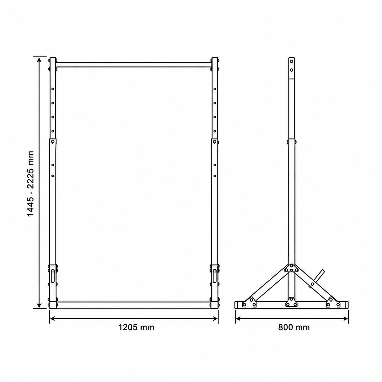 Technical dimensions of stand alone portable pull up bar with adjustable height range