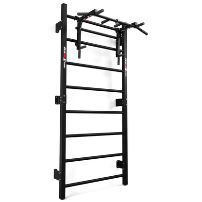 Full view of black metal Swedish Ladder Wall Bars with mounted pull-up bar and dip station attachments for home gym