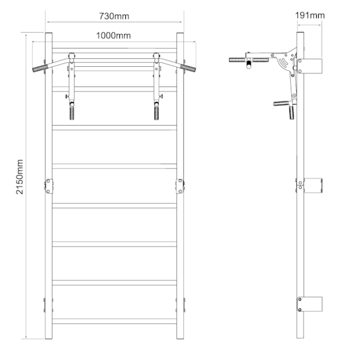Technical dimensions of Swedish ladder wall bars with dip bar and pull-up bar