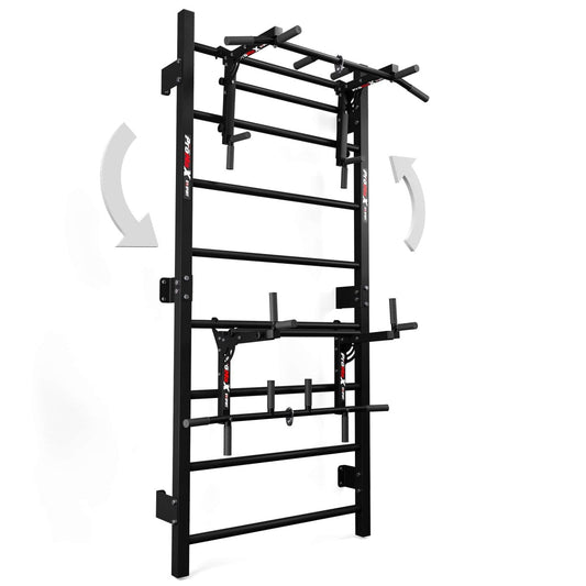 Illustration showing the reversibility and removability of the dip station on the Swedish Ladder Wall Bars