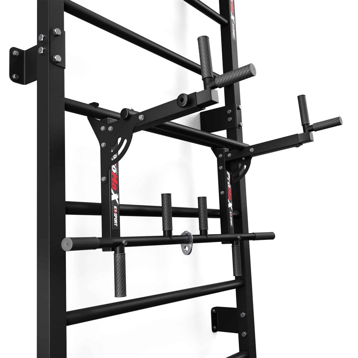 Close-up of the detachable dip bar attachment hooked onto the Swedish Ladder Wall Bars showing sturdy steel construction